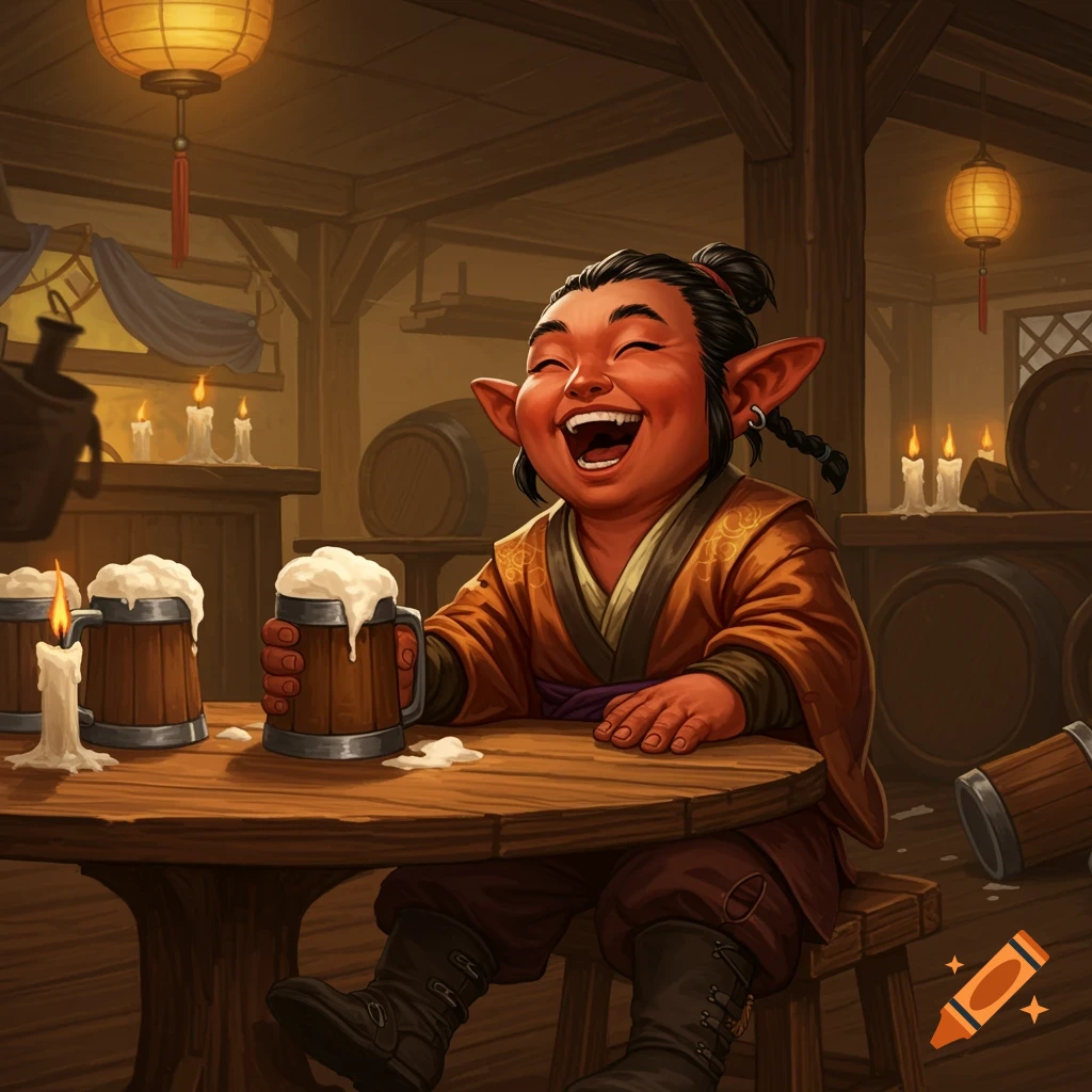 A cheerful, red-skinned fantasy halfling with pointed ears laughs heartily in a dimly lit tavern, holding a frothy mug of beer.