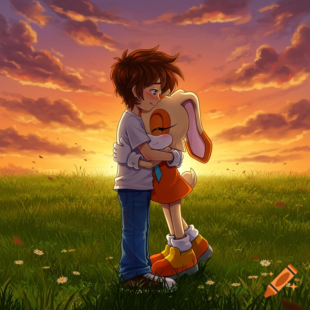 A young boy with brown hair hugs Cream the Rabbit in a grassy field at sunset, in an anime style illustration.