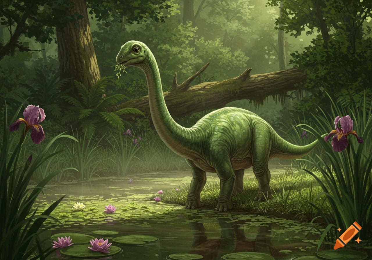 A green brontosaurus eats leaves in a lush, misty forest next to a pond filled with lily pads and blooming irises, digital art.