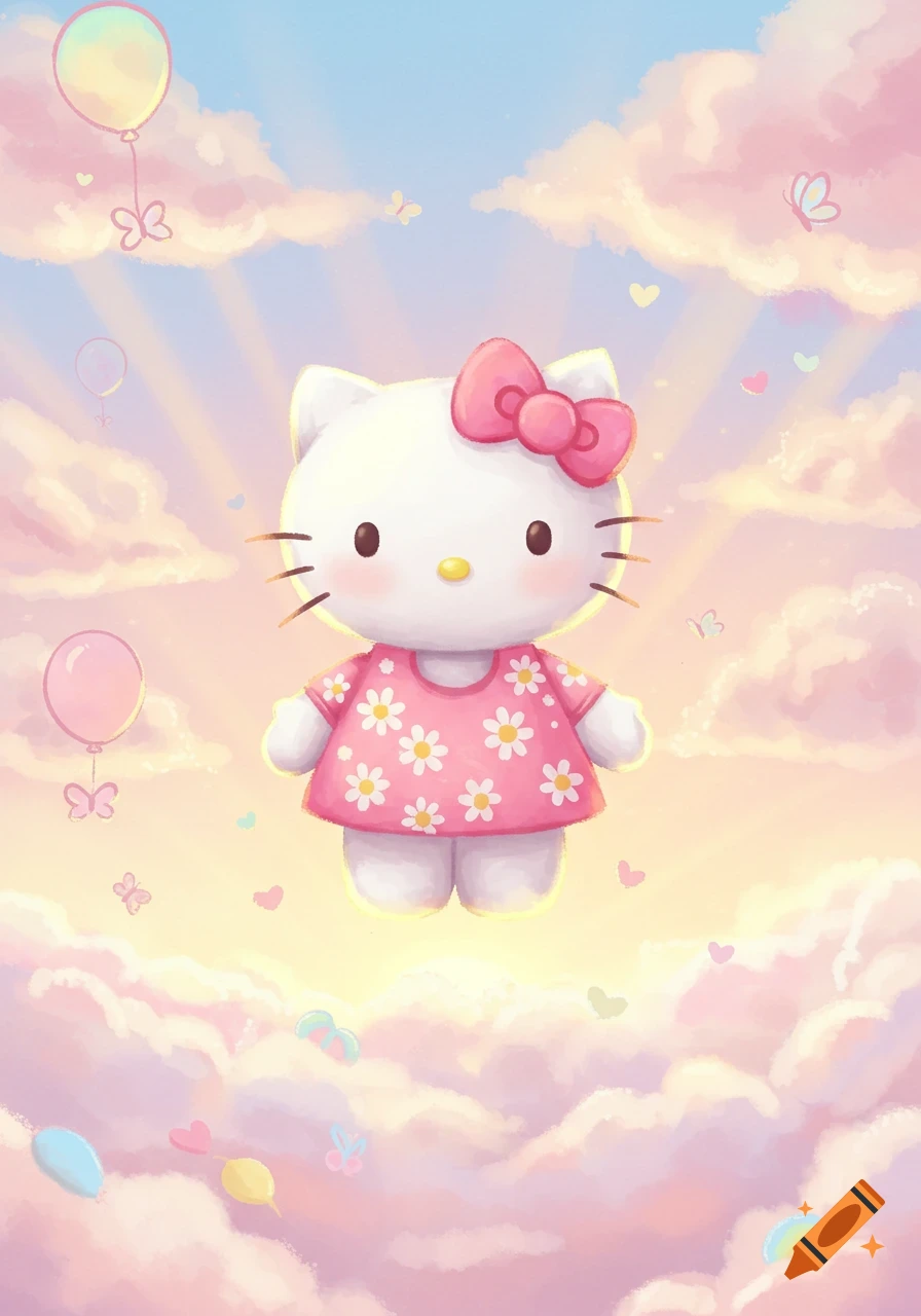 Hello Kitty floating among pink clouds with balloons and butterflies, in a dreamy, illustrative style.