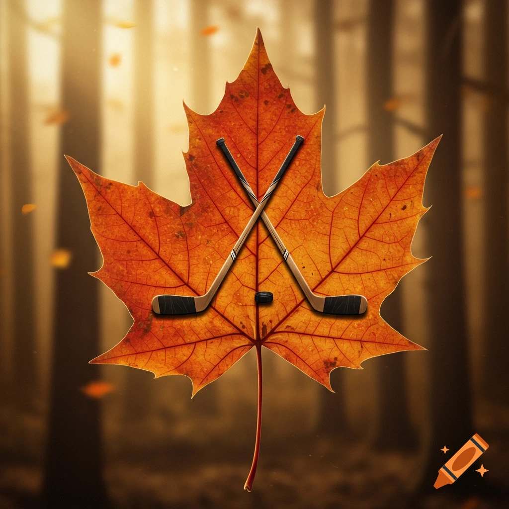 A large, rustic orange maple leaf with two crossed hockey sticks and a puck at its center, set against a blurry autumnal forest background.