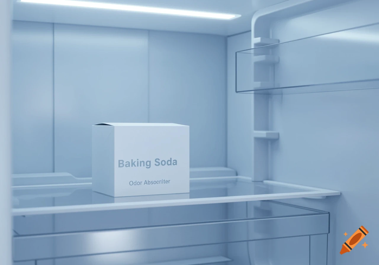A white box labeled "Baking Soda" and "Odor Absocriter" sits on a shelf inside a clean, modern refrigerator.