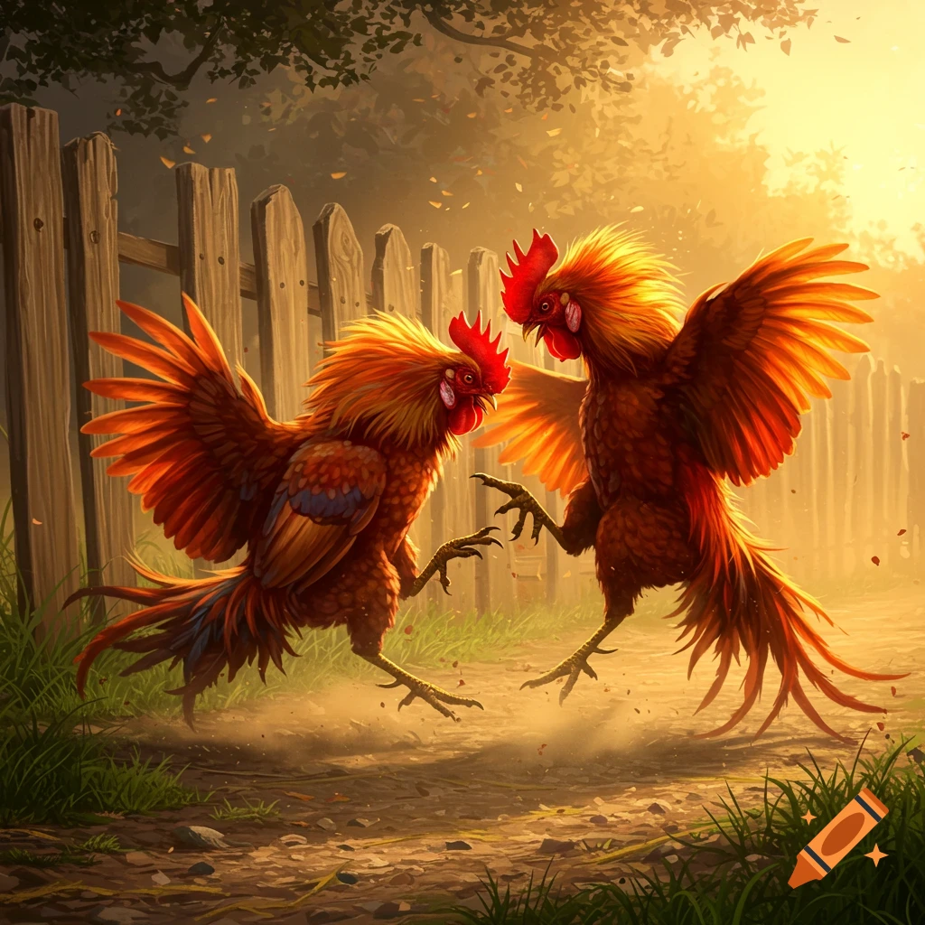 Two vibrant roosters with red combs and orange feathers appear to be fighting or dancing in a dusty yard near a wooden fence at sunset.