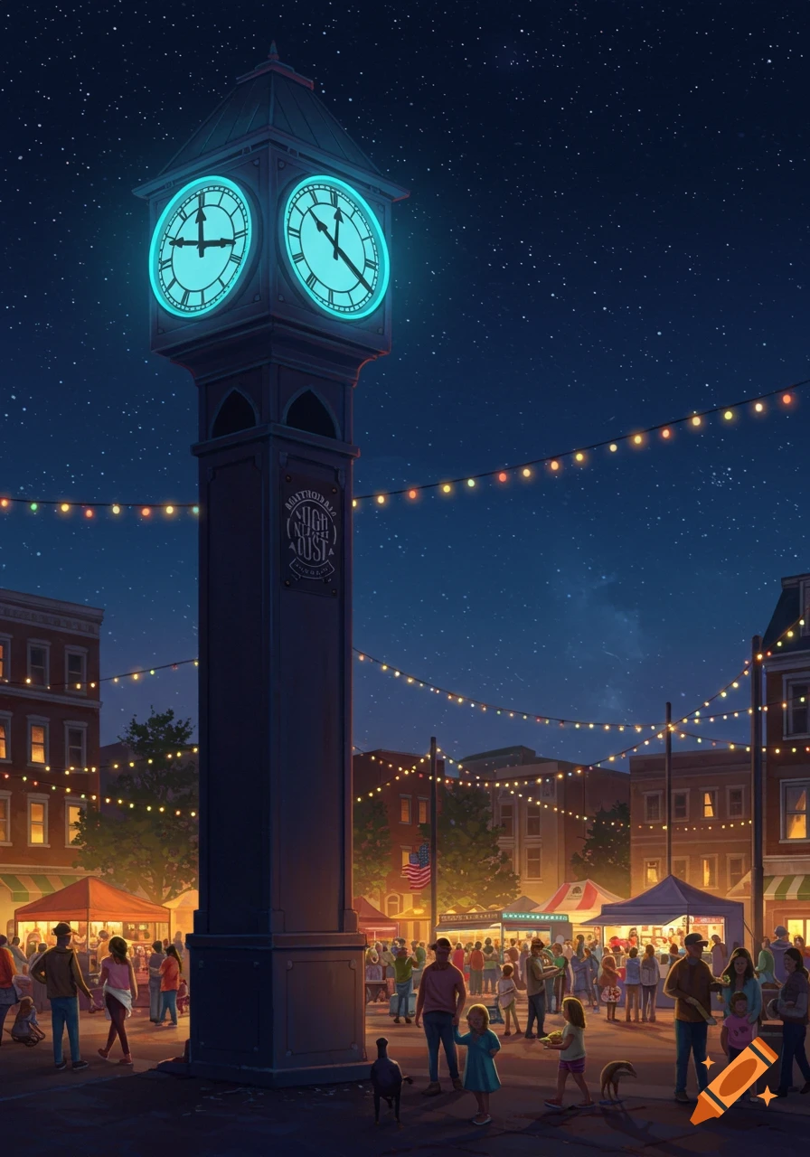 A vibrant night market scene in a town square, featuring a tall, glowing clock tower, people, market stalls, and string lights under a starry sky.
