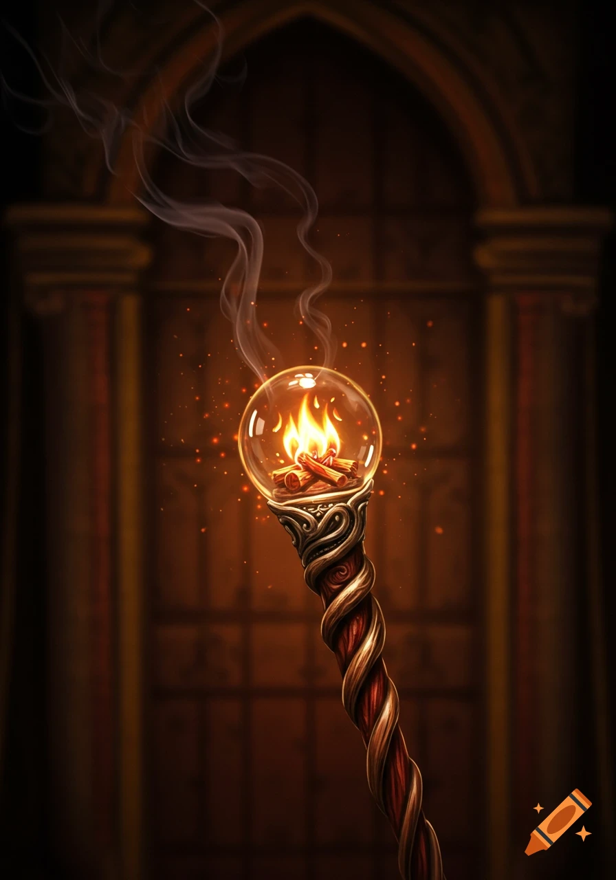 A fantasy magic wand with a clear orb containing a small fire and smoke, against a dark, arched background.