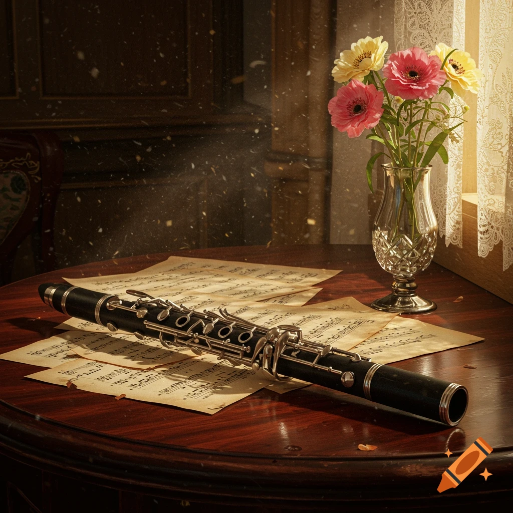 A clarinet lies on antique sheet music on a polished wooden table, beside a vase of colorful flowers bathed in sunlight from a lace-curtained window.