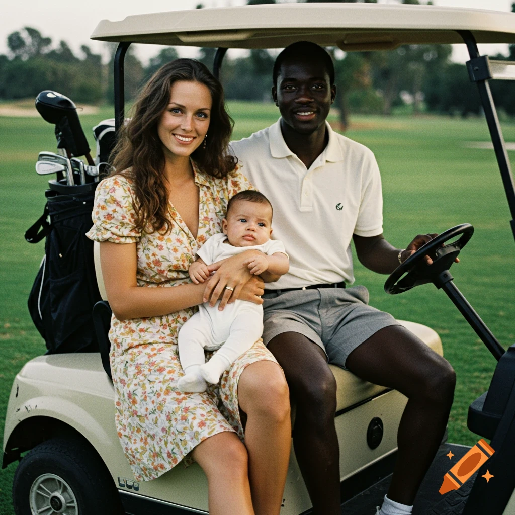 A diverse family, including a woman holding a baby and a man, sitting together in a golf cart on a sunny golf course.