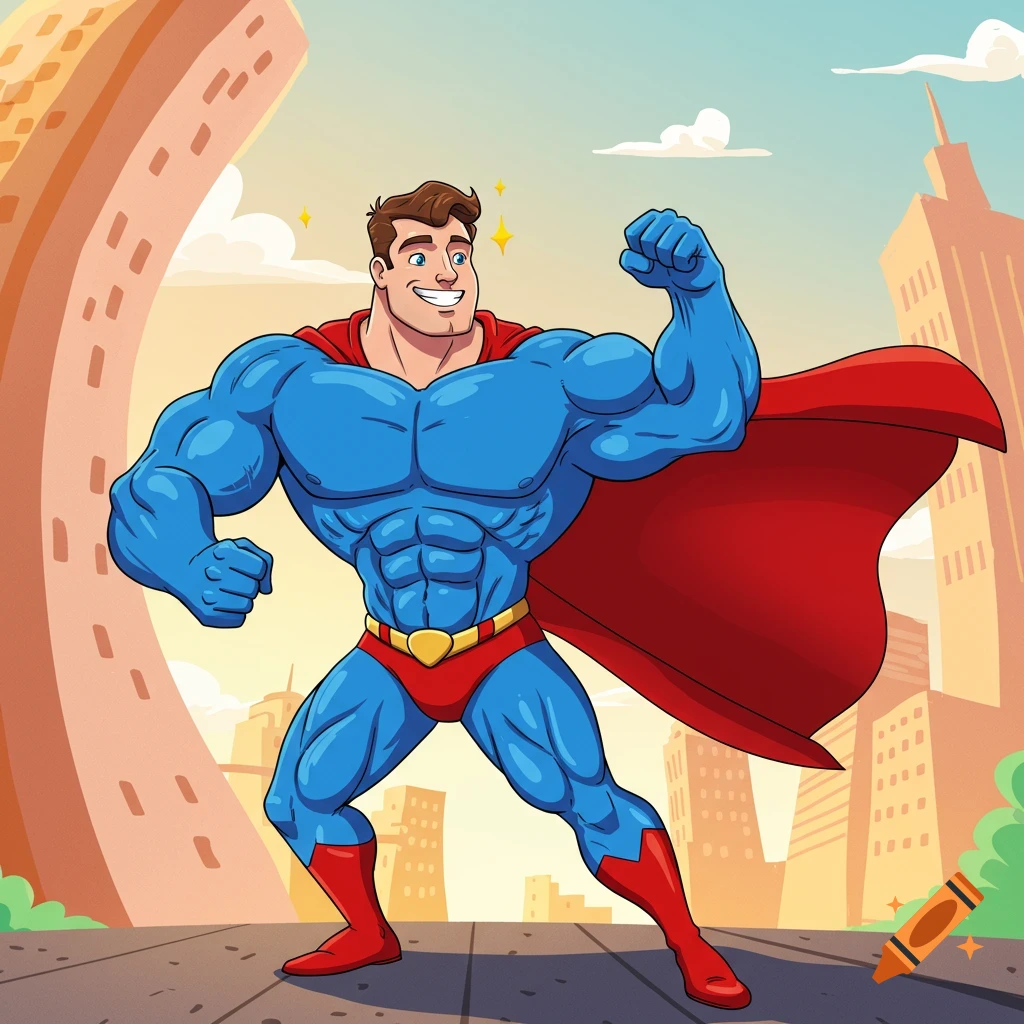 A cartoon superhero with bulging muscles and a red cape flexes his bicep against a city backdrop.