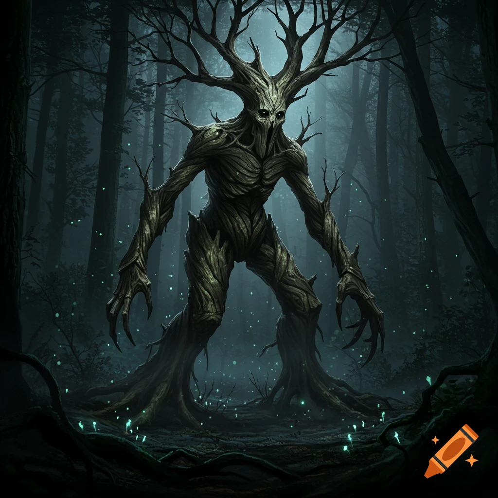 A dark, realistic depiction of a contorted tree-like monster with glowing eyes in a misty forest at night.