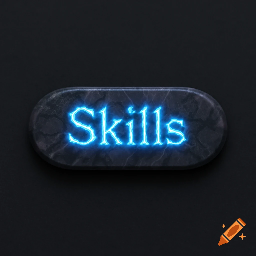 An oval dark marble button with the word 'Skills' glowing in blue electricity-like font on a dark background.