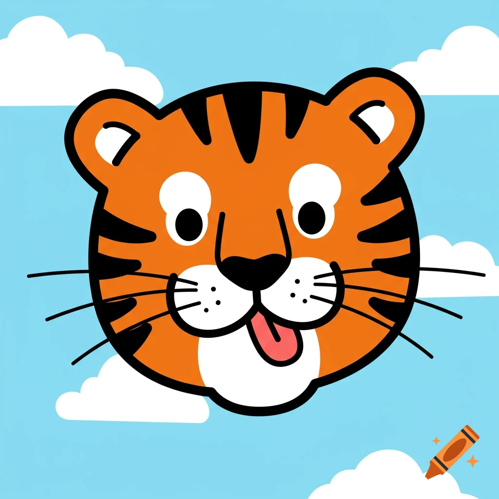 Cartoon tiger head with simple eyes sticking its tongue out, against a blue sky with white clouds.