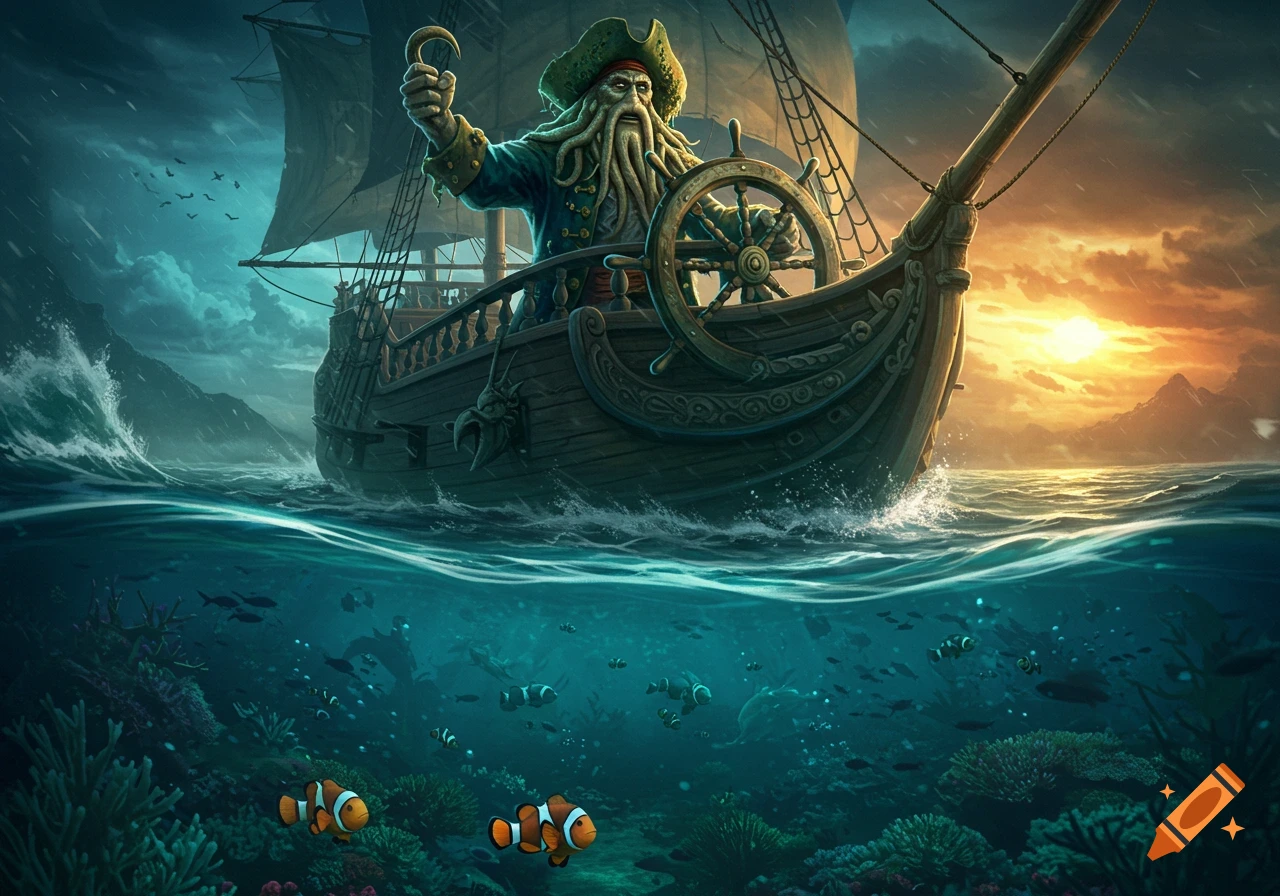 Davy Jones steers a pirate ship on rough seas under a dramatic sky, with a clear view of clownfish and coral reefs underwater.