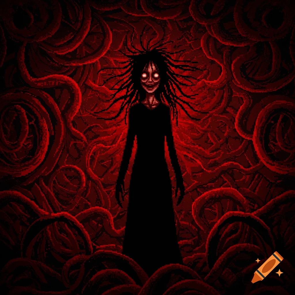 A pixel art horror image of a pale, gaunt figure with wild black hair and glowing red eyes, standing amidst a swirling mass of red tentacles.