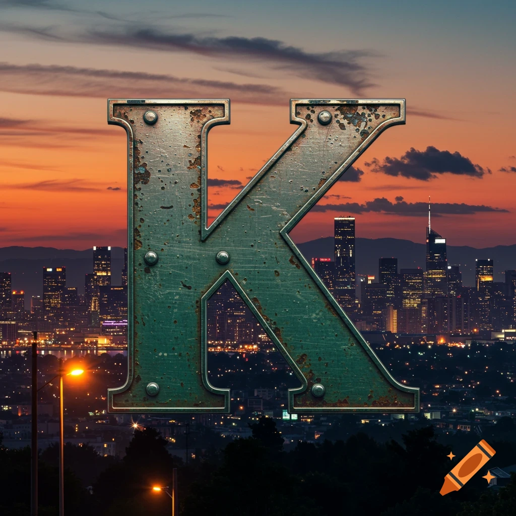 A large, weathered metal letter K stands in front of a city skyline at sunset.