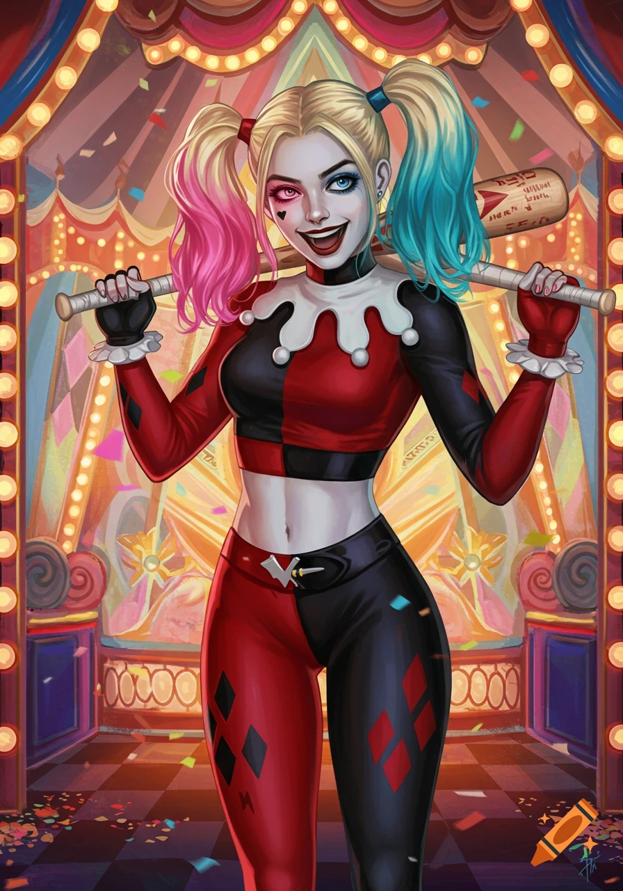 Harley Quinn in her signature red and black jester outfit, holding a baseball bat in a festive carnival tent.