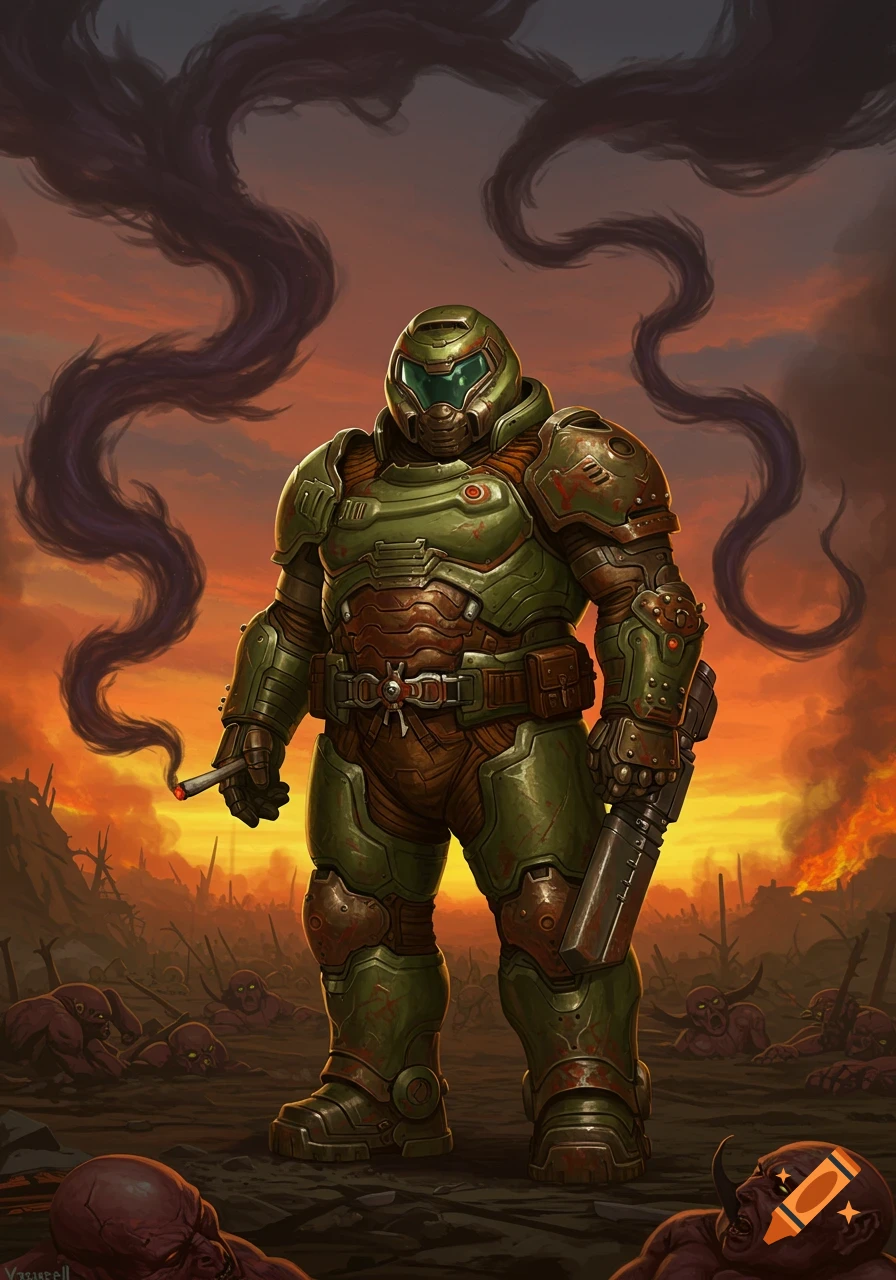 A heavily armored space marine stands on a battlefield littered with dead demons under an ominous, fiery sky, smoking a cigarette.