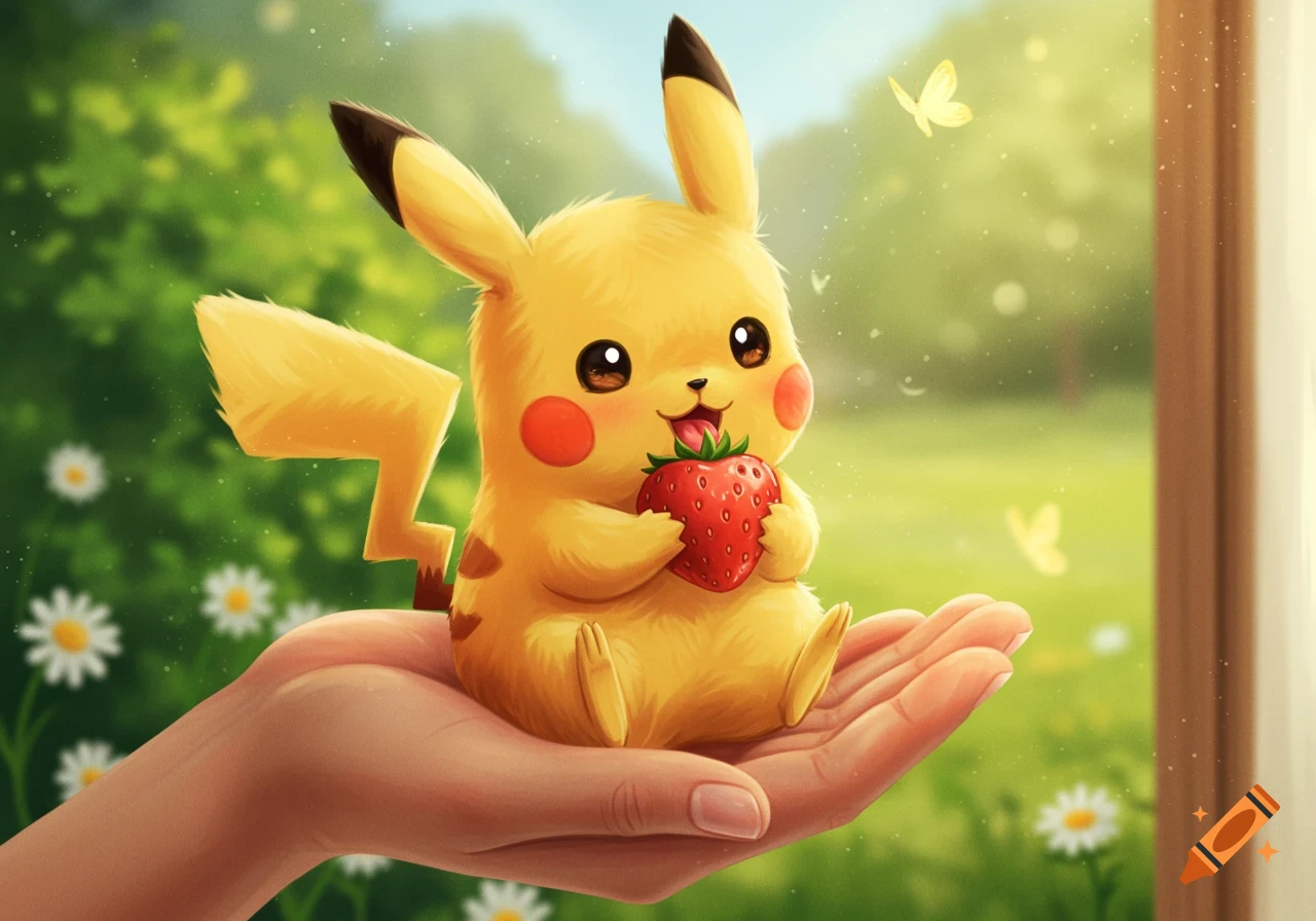 A cute Pikachu sitting on a human hand, happily eating a strawberry in a bright, green outdoor setting.