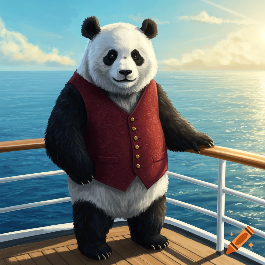 An anthropomorphic panda wearing a red waistcoat stands on a cruise ship deck, looking out at the sunny ocean.