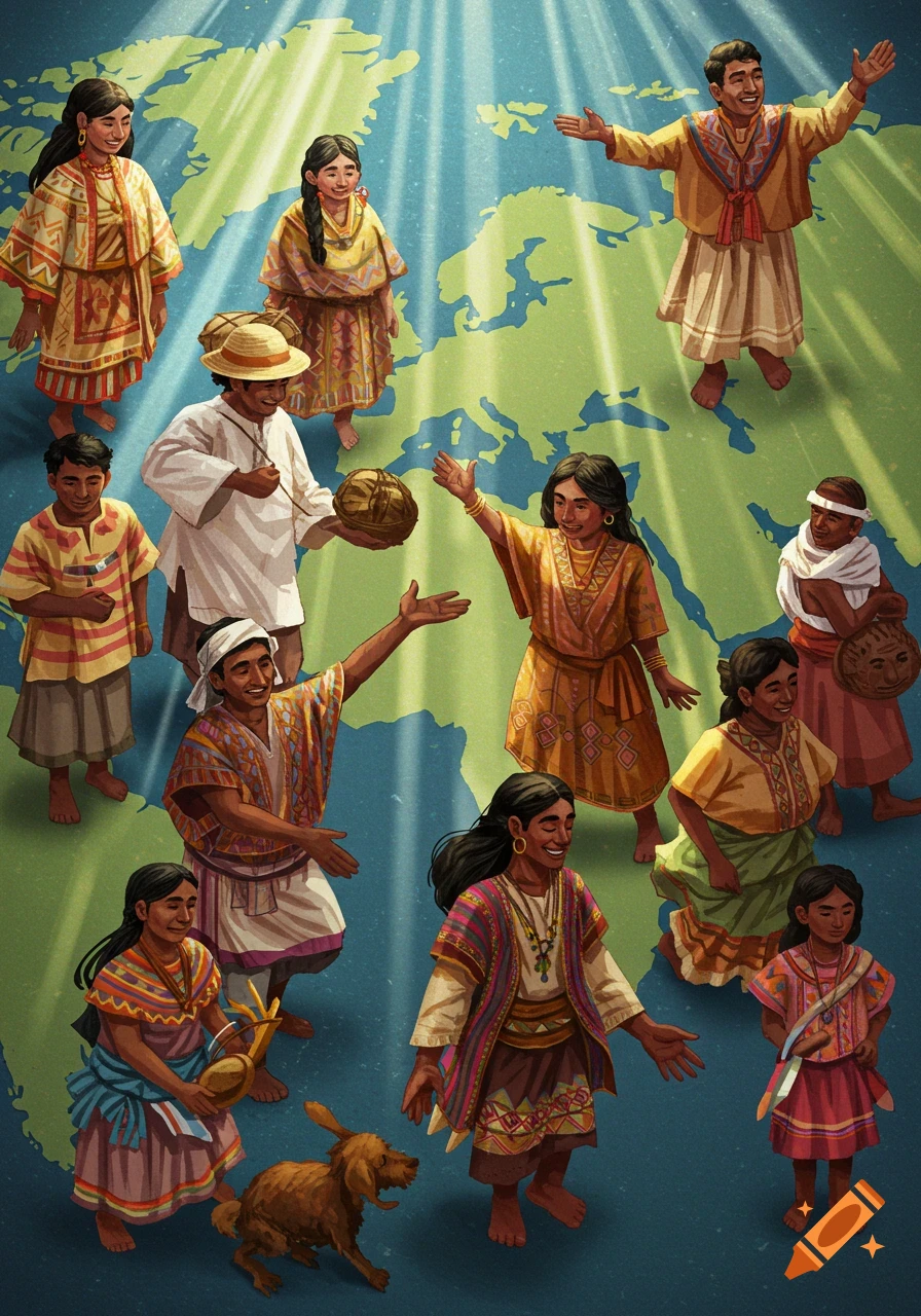 An overhead illustrative view of diverse people in traditional clothing standing on a world map with sunbeams.