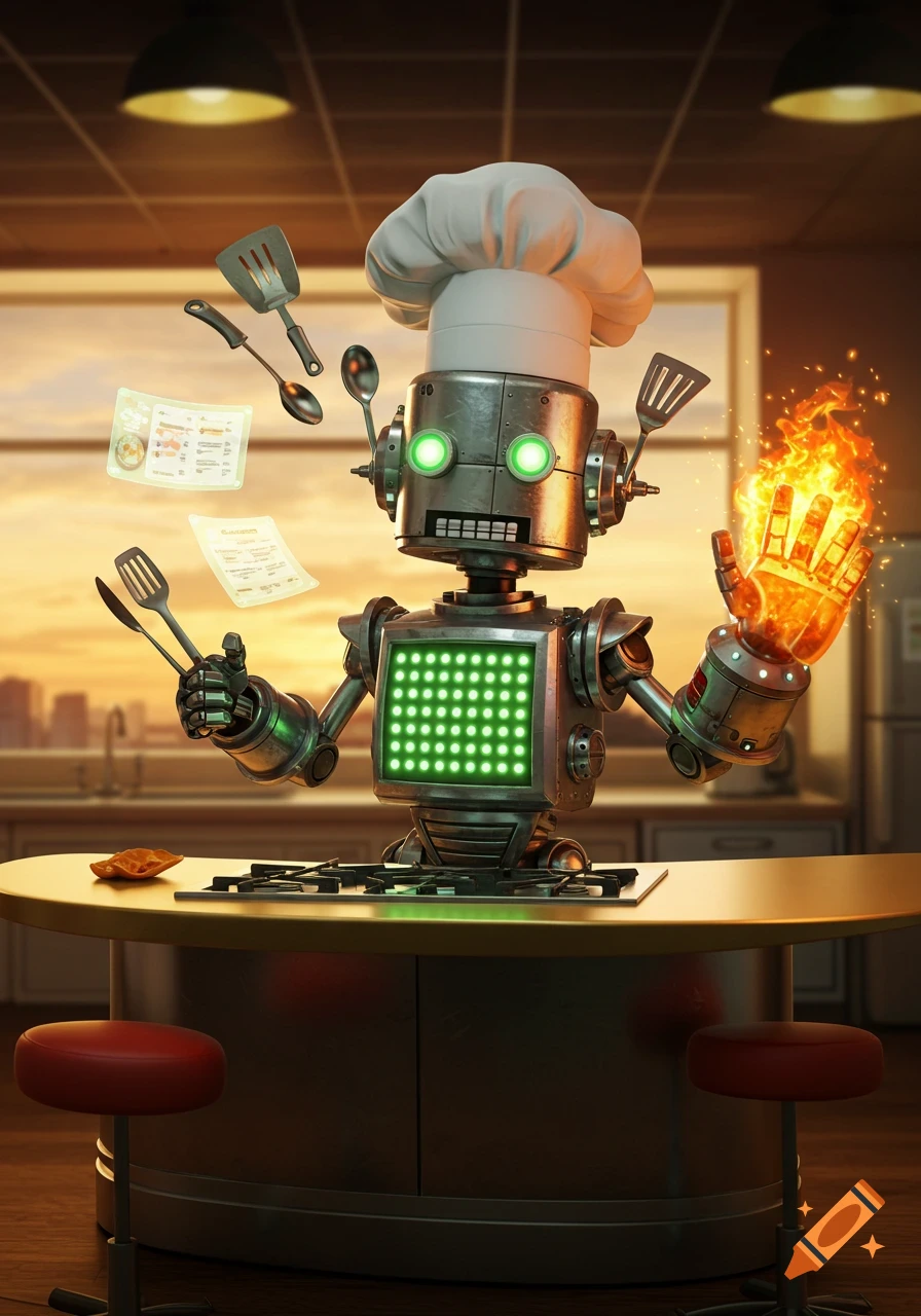 A cartoonish robot chef with green glowing eyes and a white chef's hat stands in a kitchen, holding cooking utensils, with one hand engulfed in flames.