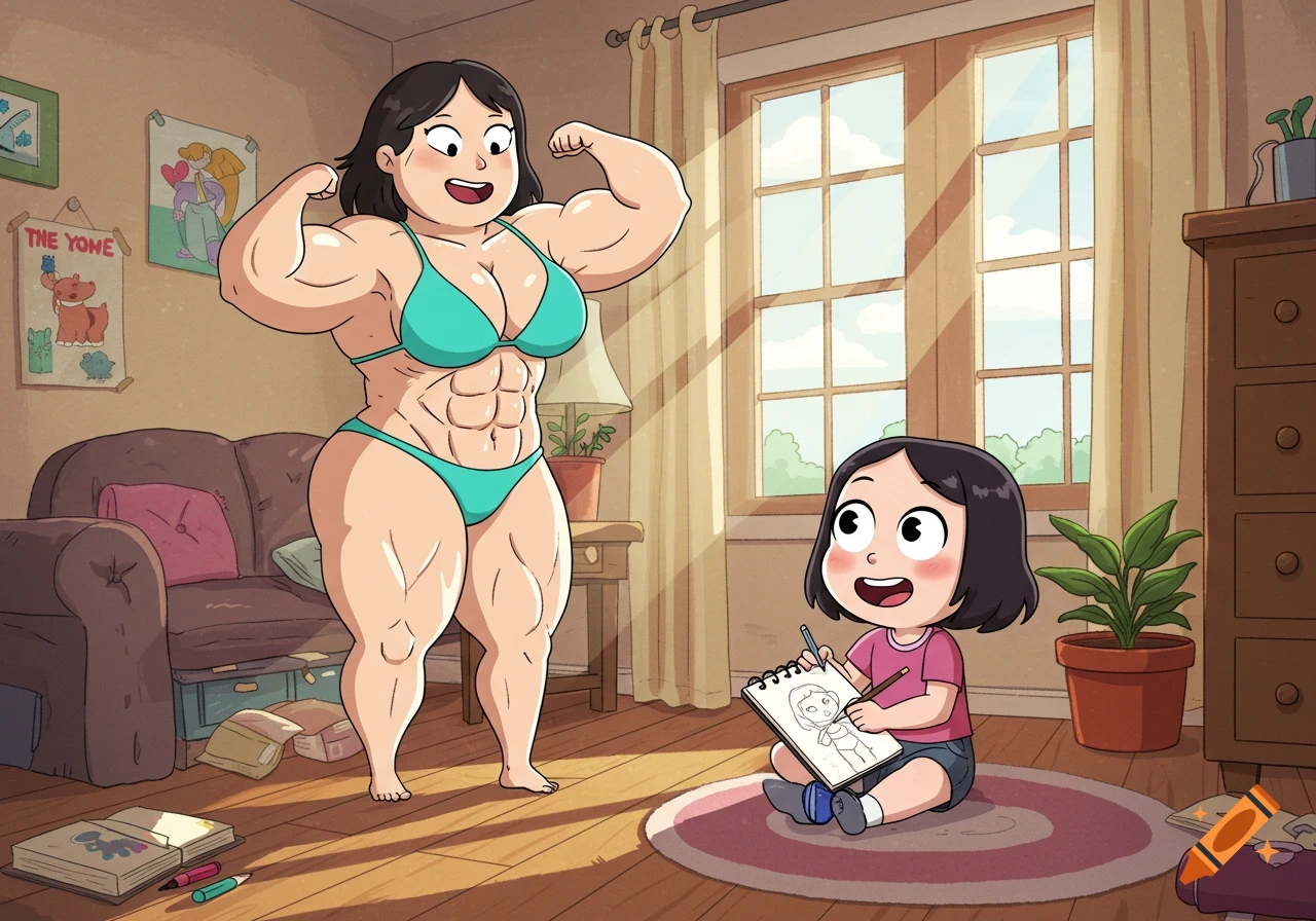 A muscular cartoon woman in a bikini flexes as a child draws her on the floor in a sunny room.