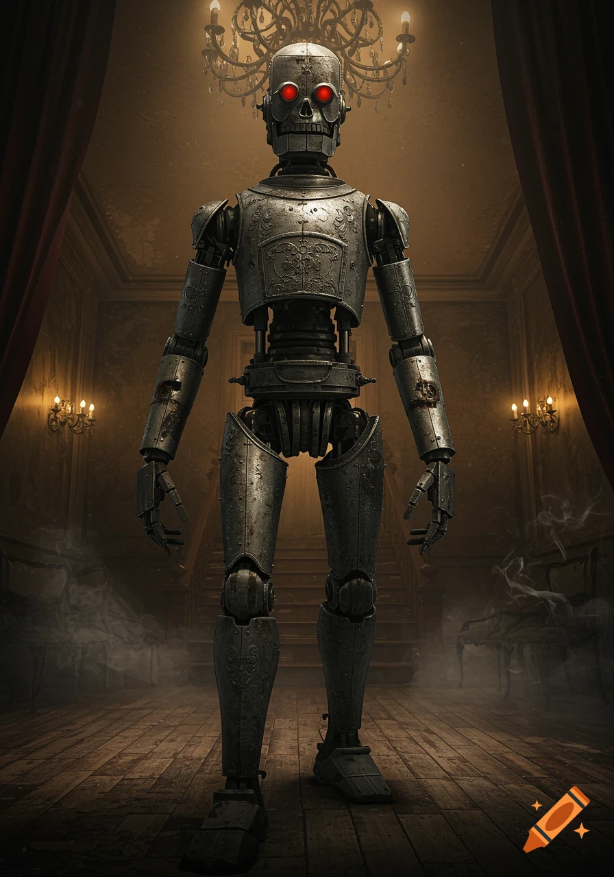 A detailed, skull-faced robot with glowing red eyes stands in a dark, dusty, ornate mansion room under a grand chandelier.