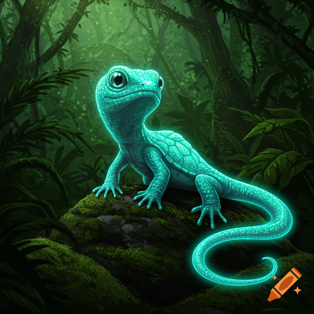 A bioluminescent turquoise lizard sits on a mossy log in a dark, lush jungle.