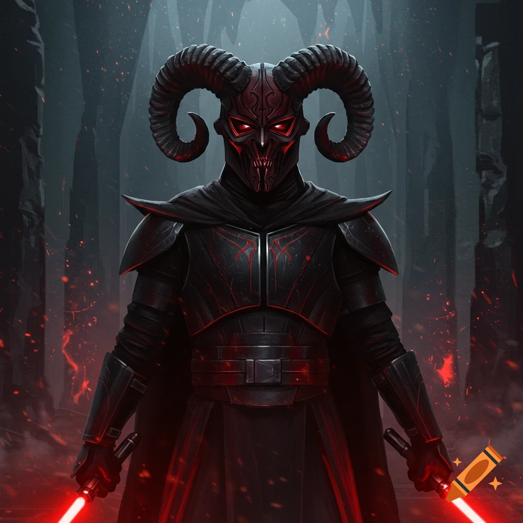 A dark armored figure with ram horns on a mask and glowing red eyes stands in a dark, fiery forest, holding two red lightsabers.