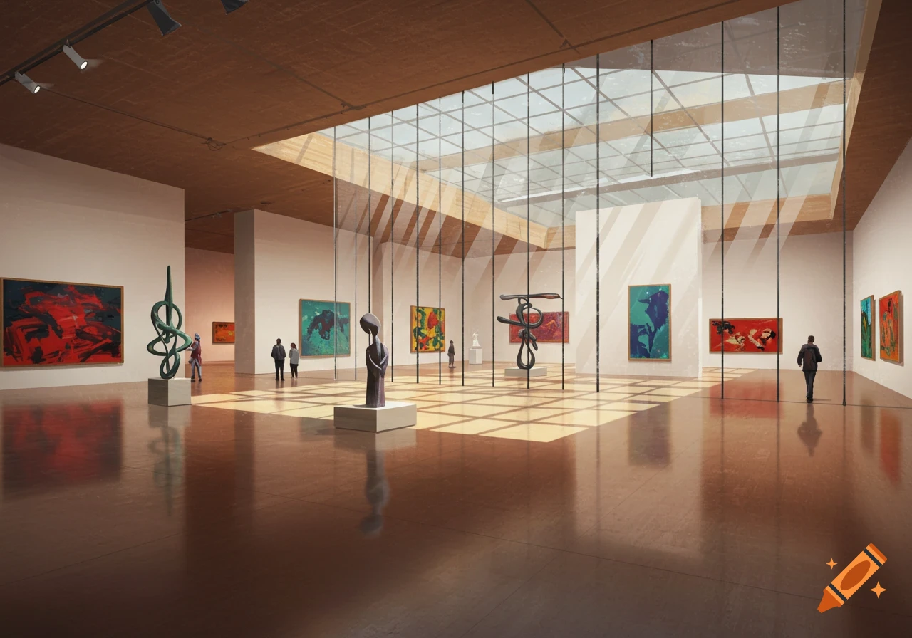 A modern art museum interior with sculptures and abstract paintings, illuminated by sunlight streaming through a large skylight.