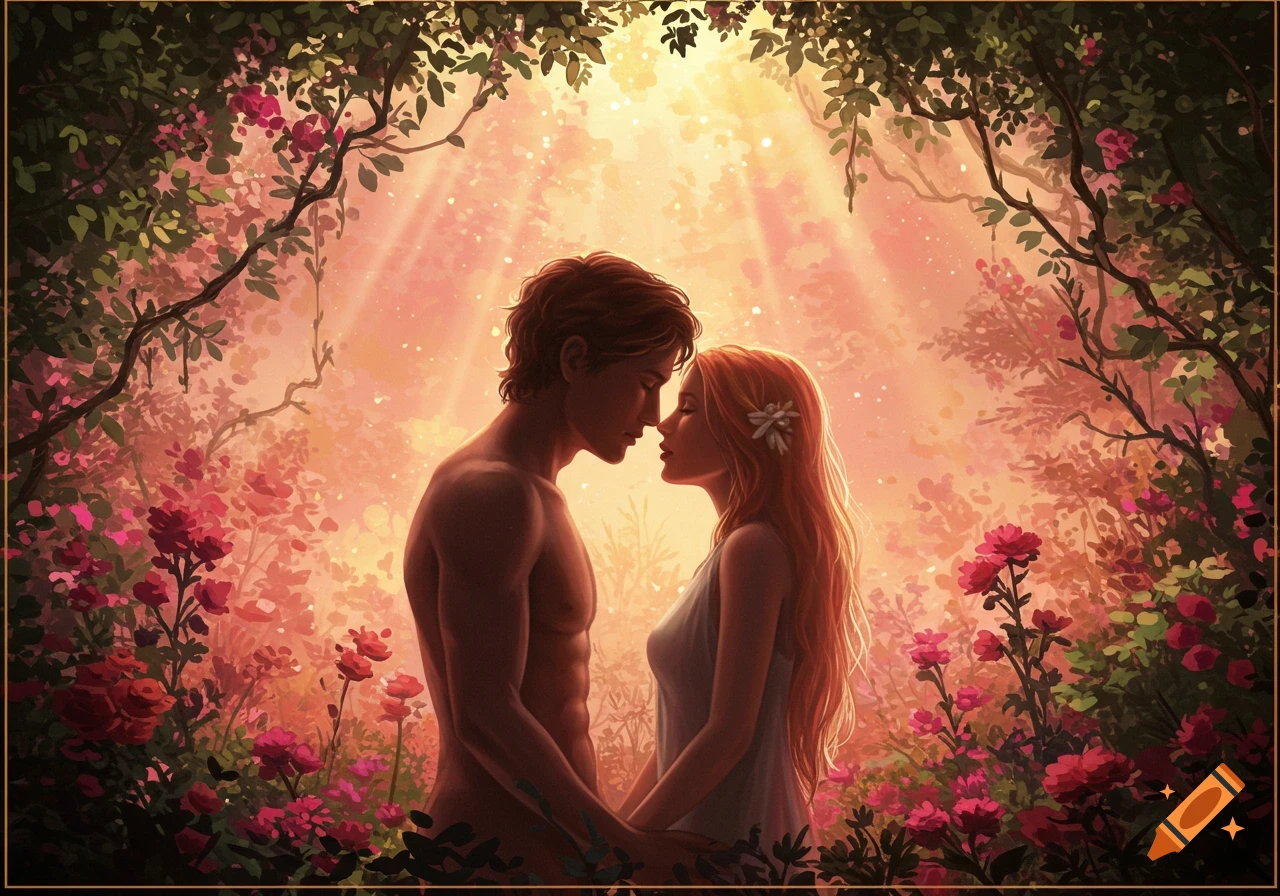 An illustrative depiction of a man and woman in a romantic pose amidst a lush, glowing floral garden.