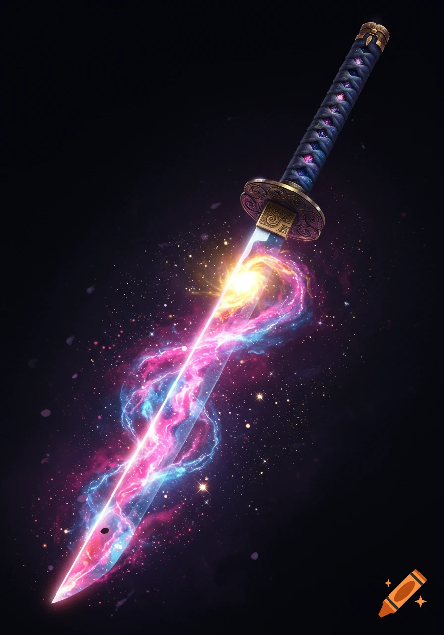 A glowing Ōdachi sword with a blade made of swirling pink and blue galaxy nebula against a dark starry background.