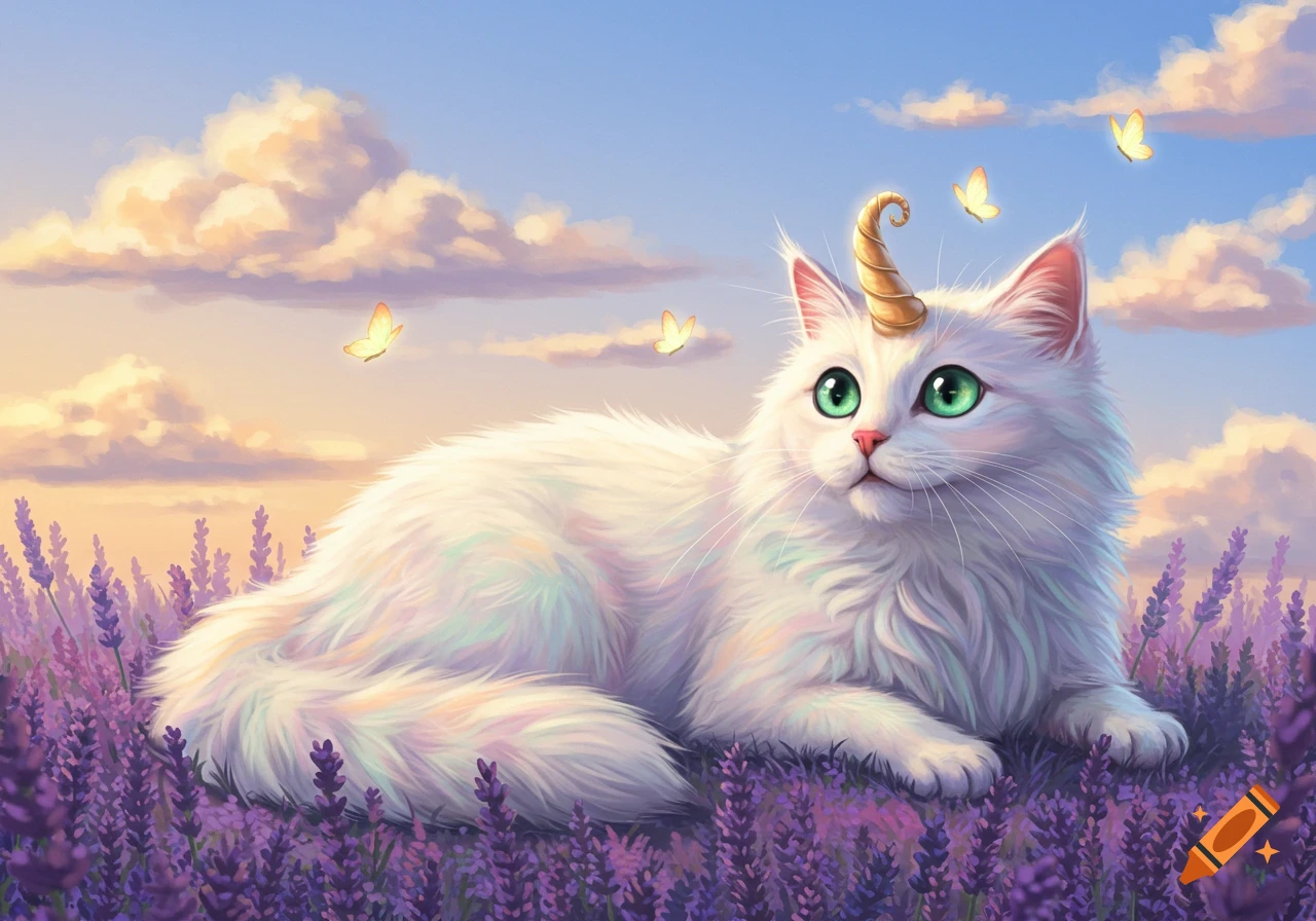A white fluffy unicat with green eyes lays in a field of purple lavender with yellow butterflies flying overhead against a cloudy sky.