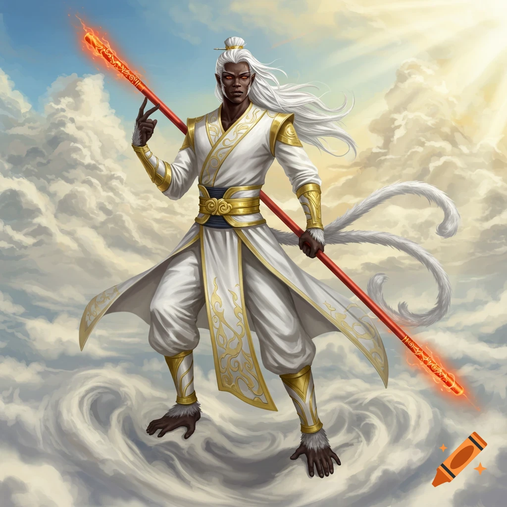 A black male Wukong with long white hair and multiple white monkey tails, wearing white and gold robes, stands on a cloud holding a glowing red bo staff.