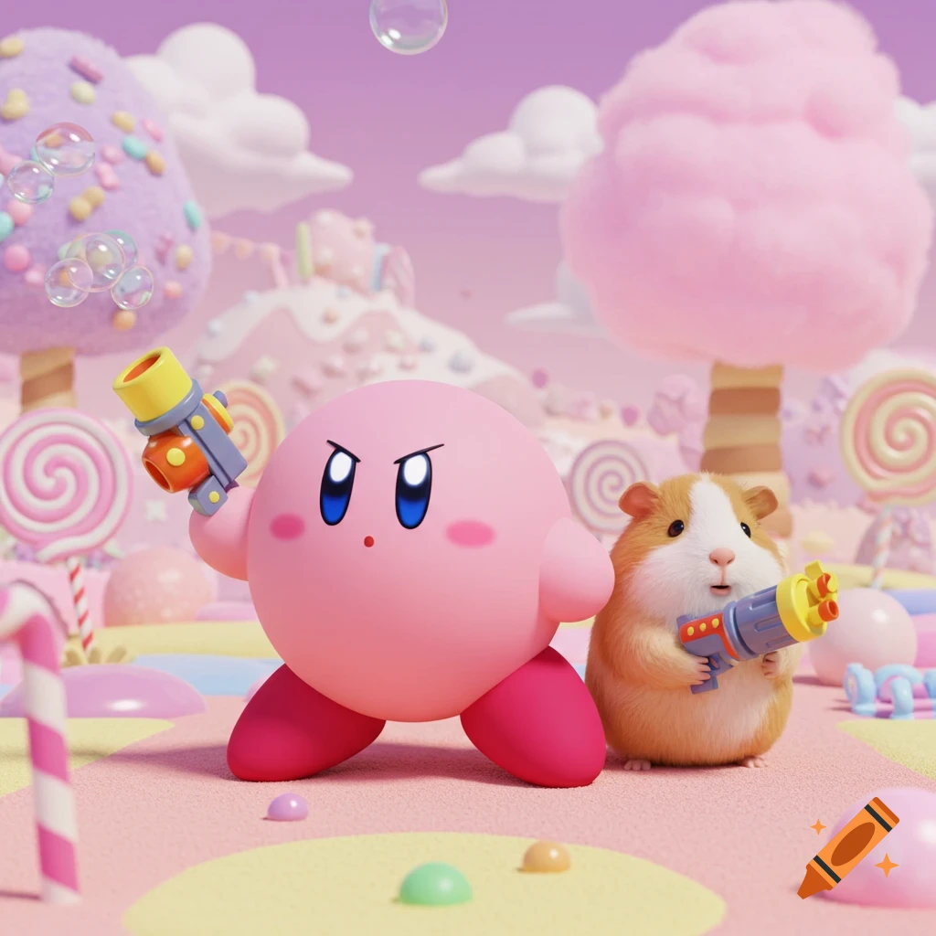 3D rendered image of pink Kirby and a fluffy guinea pig holding water guns in a pastel candy land with lollipops and cotton candy trees.