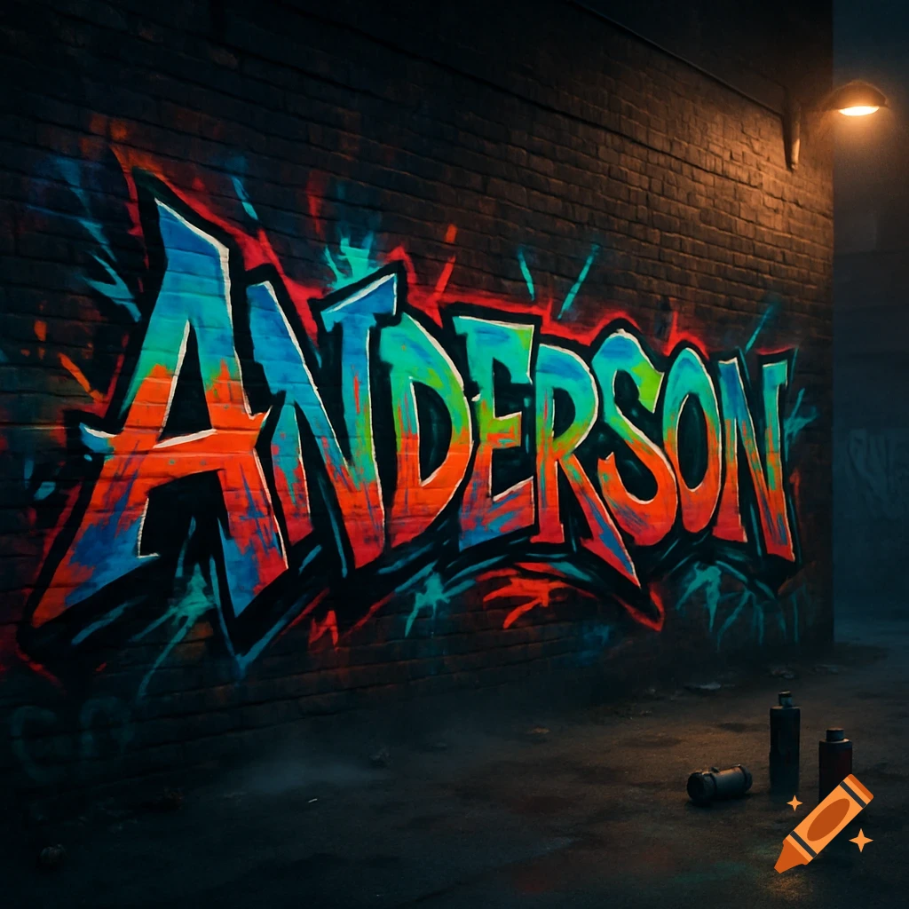 Colorful graffiti spelling 'Anderson' on a dark brick wall in a dimly lit urban alley.