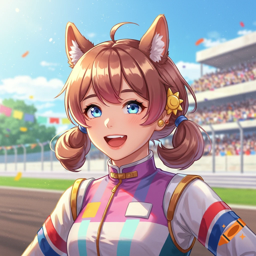 A smiling anime girl with brown hair, blue eyes, and animal ears wears a colorful racing suit on a track with a stadium background.