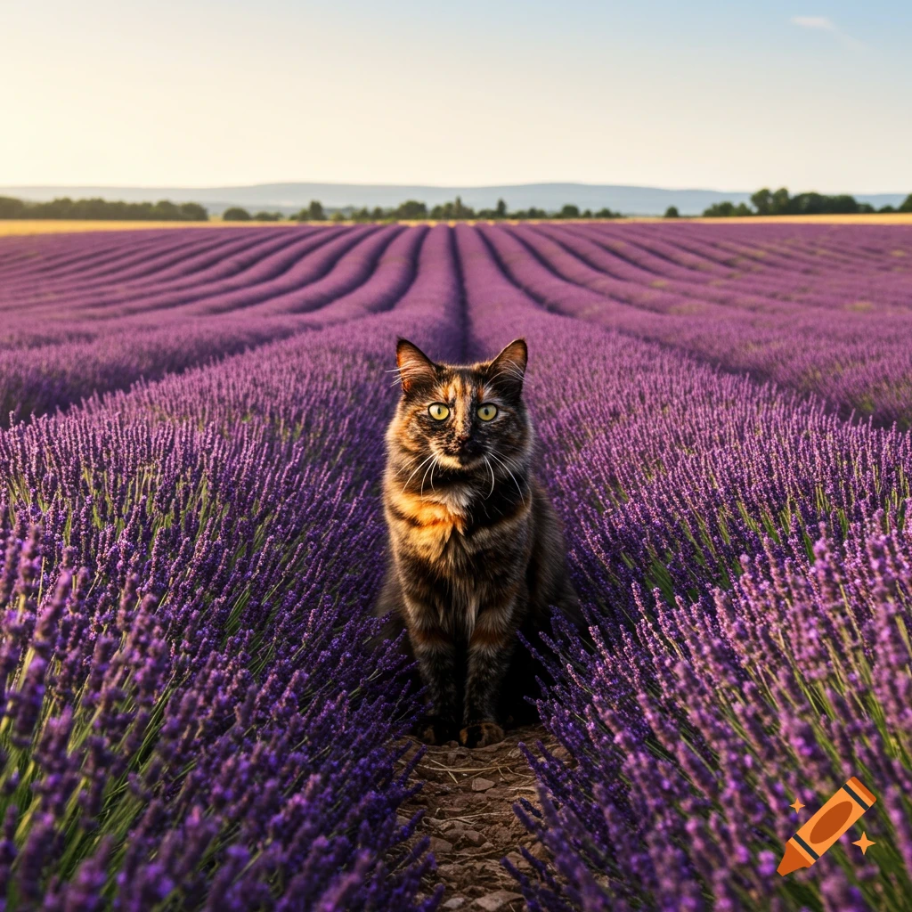A tortoiseshell cat sits on a dirt path in the middle of a vibrant purple lavender field, looking at the camera.