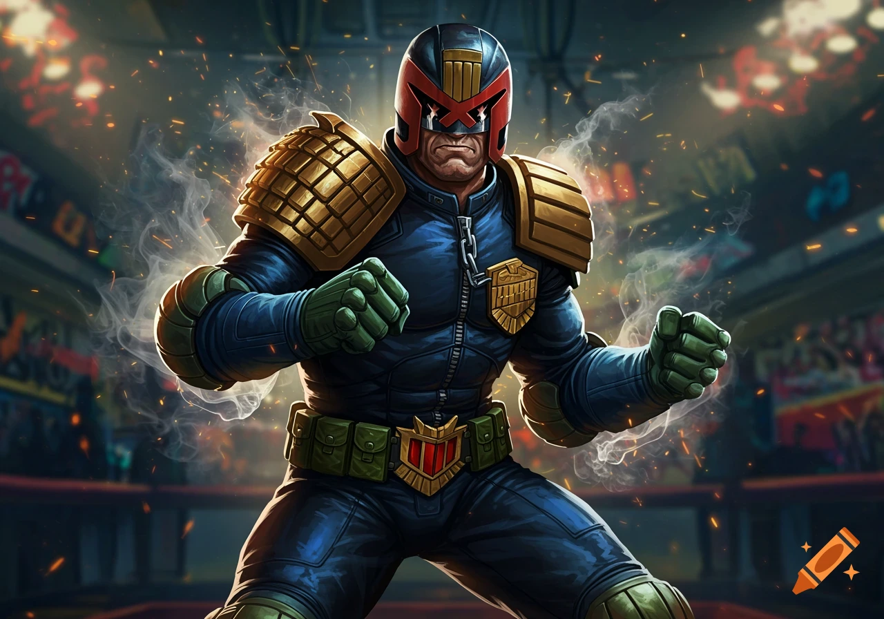 Judge Dredd in a dynamic, battle-ready pose within a smoky, spark-filled arena in a comic book art style.