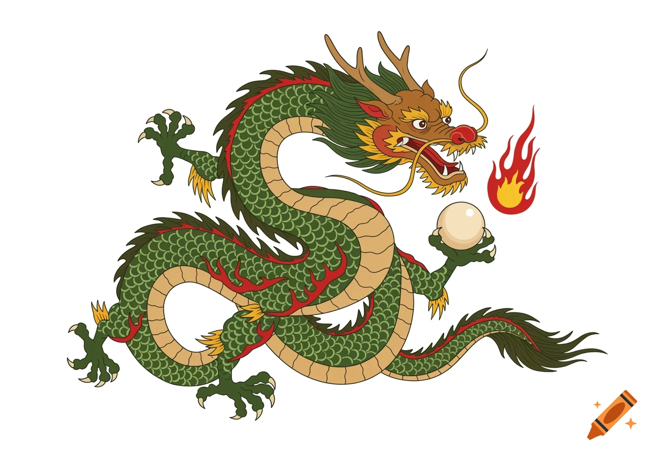 Traditional green Chinese dragon with red and gold details, holding a pearl and spewing fire, in a flat print style.