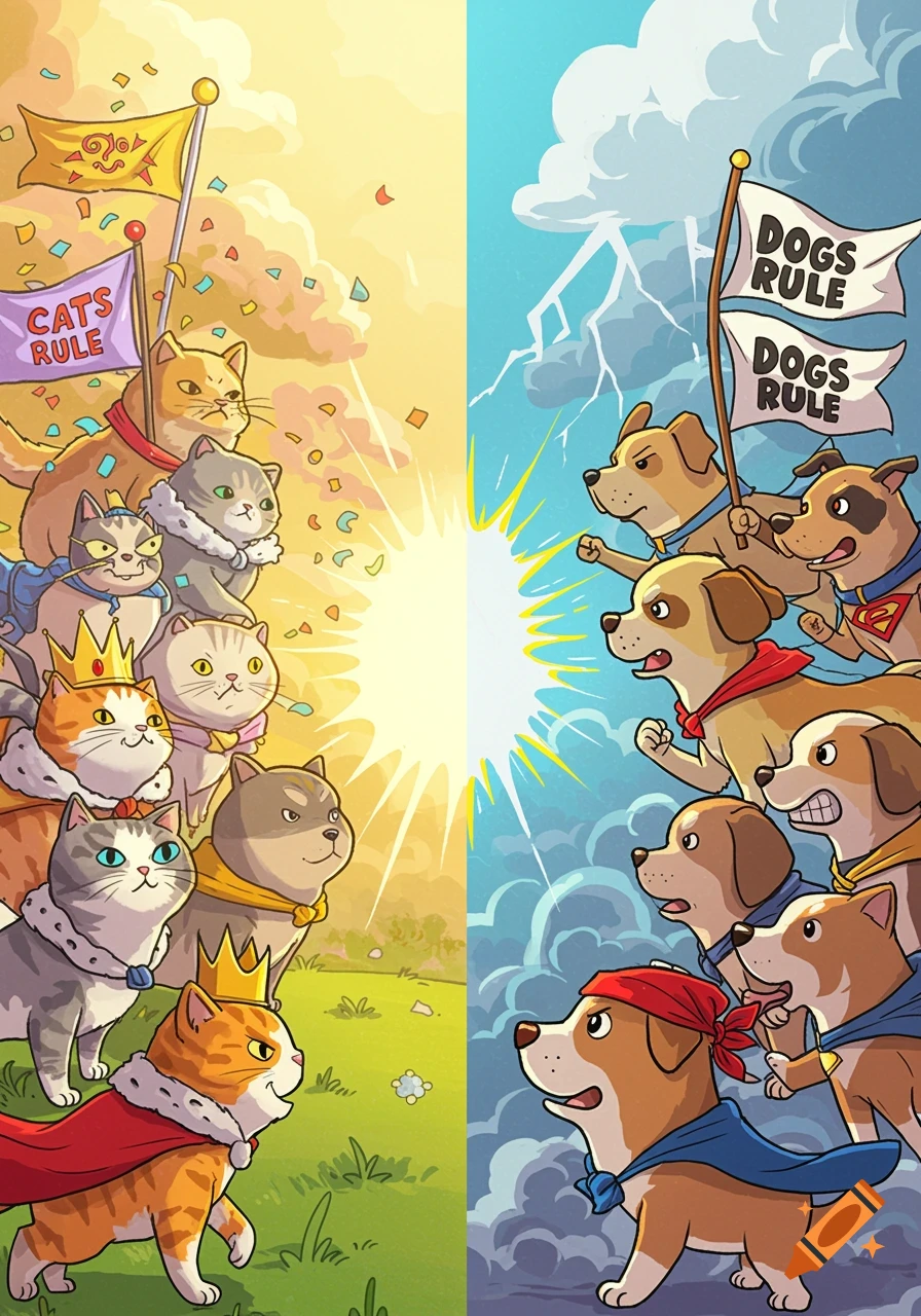 A cartoon of cats and dogs facing off, with cats on a sunny side under a 'CATS RULE' flag, and dogs on a stormy side under 'DOGS RULE' flags.