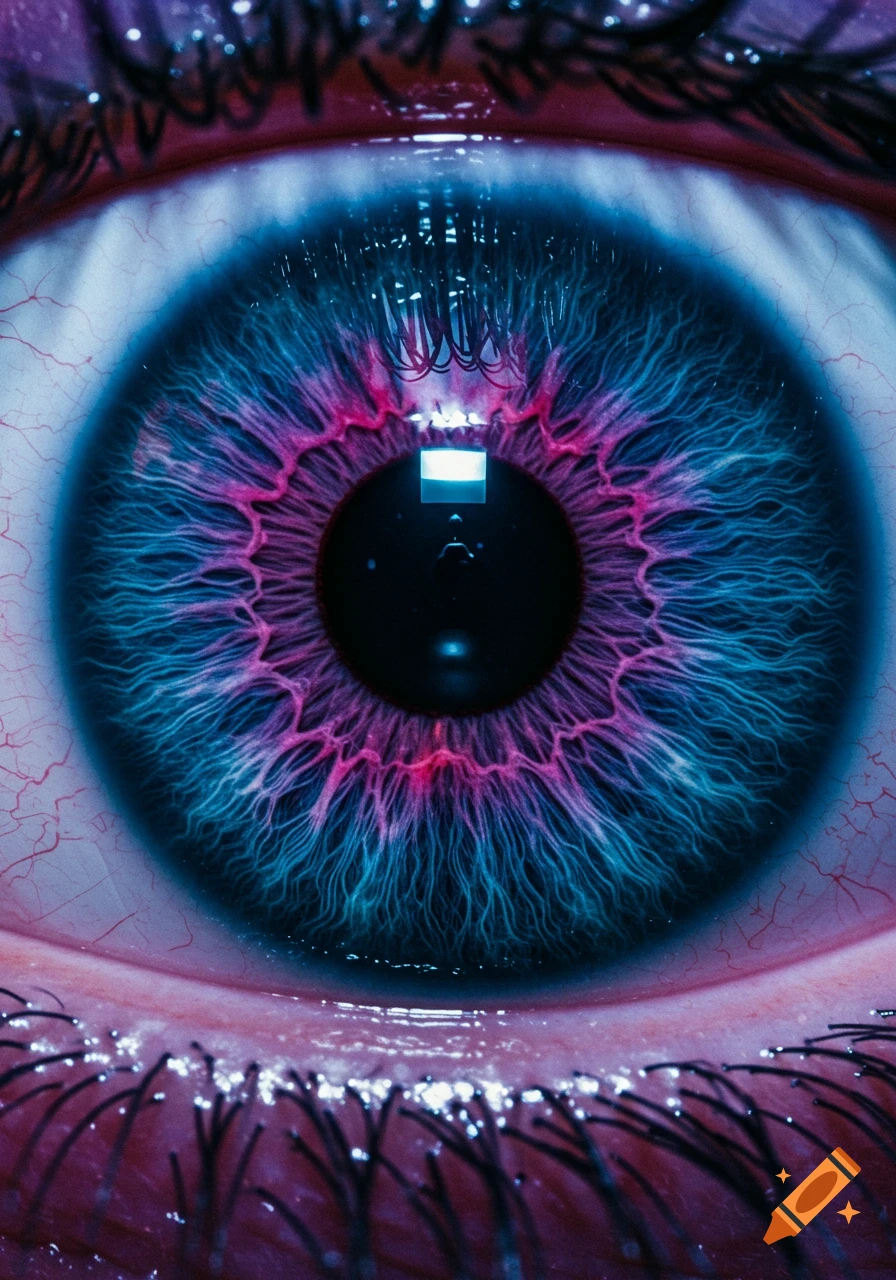 Close-up, high-detail shot of a human eye with a vibrant blue and pink-purple iris, showing intricate patterns and a reflection in the pupil.