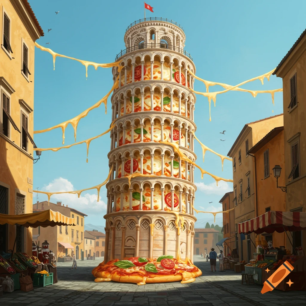 The Leaning Tower of Pisa reimagined as a giant pizza tower with melting cheese, surrounded by traditional Italian buildings and market stalls.