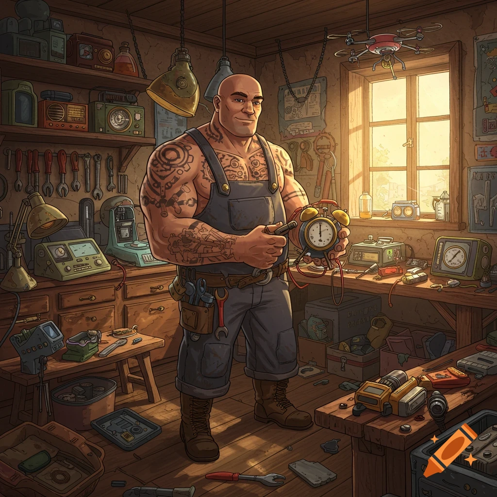 A bald, muscular man with tattoos in overalls holds an alarm clock and a tool in a cluttered workshop, illustrated in a cartoon style.