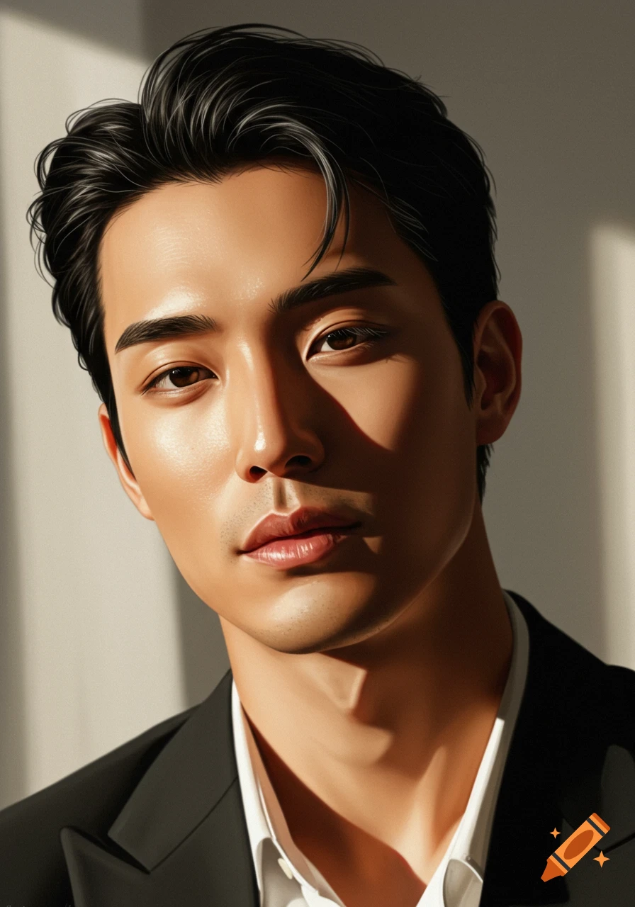 Photorealistic portrait of a man with dark hair in a black suit, lit by natural light.