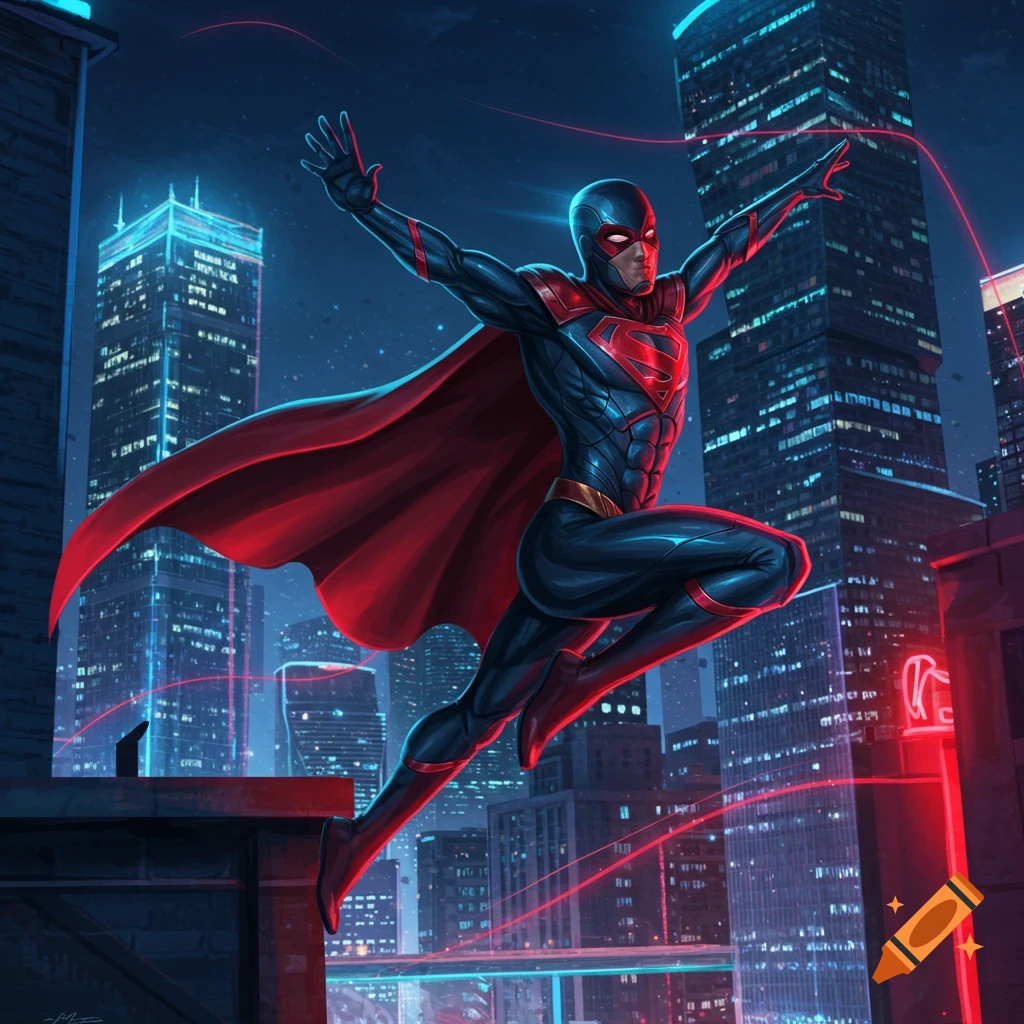 A superhero in a black and red suit with a flowing red cape leaps against a backdrop of a futuristic city skyline at night, lit by vibrant neon lights.