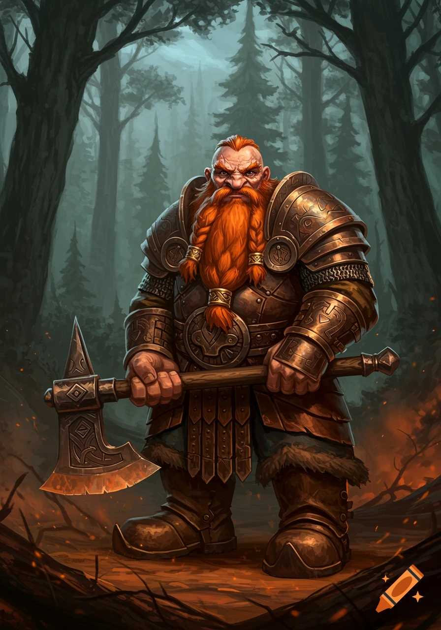 A fierce dwarf warrior with a long red braided beard and armor holds a battle axe in a dark forest with glowing embers on the ground.