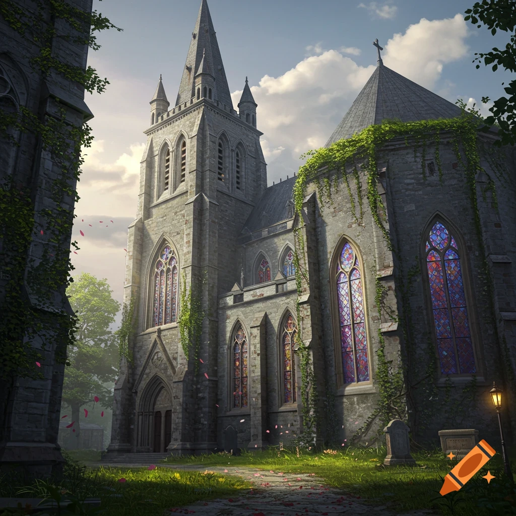 A photorealistic image of an ancient stone gothic church covered in vines with colorful stained glass windows, surrounded by green grass and scattered pink petals under a partly cloudy sky.