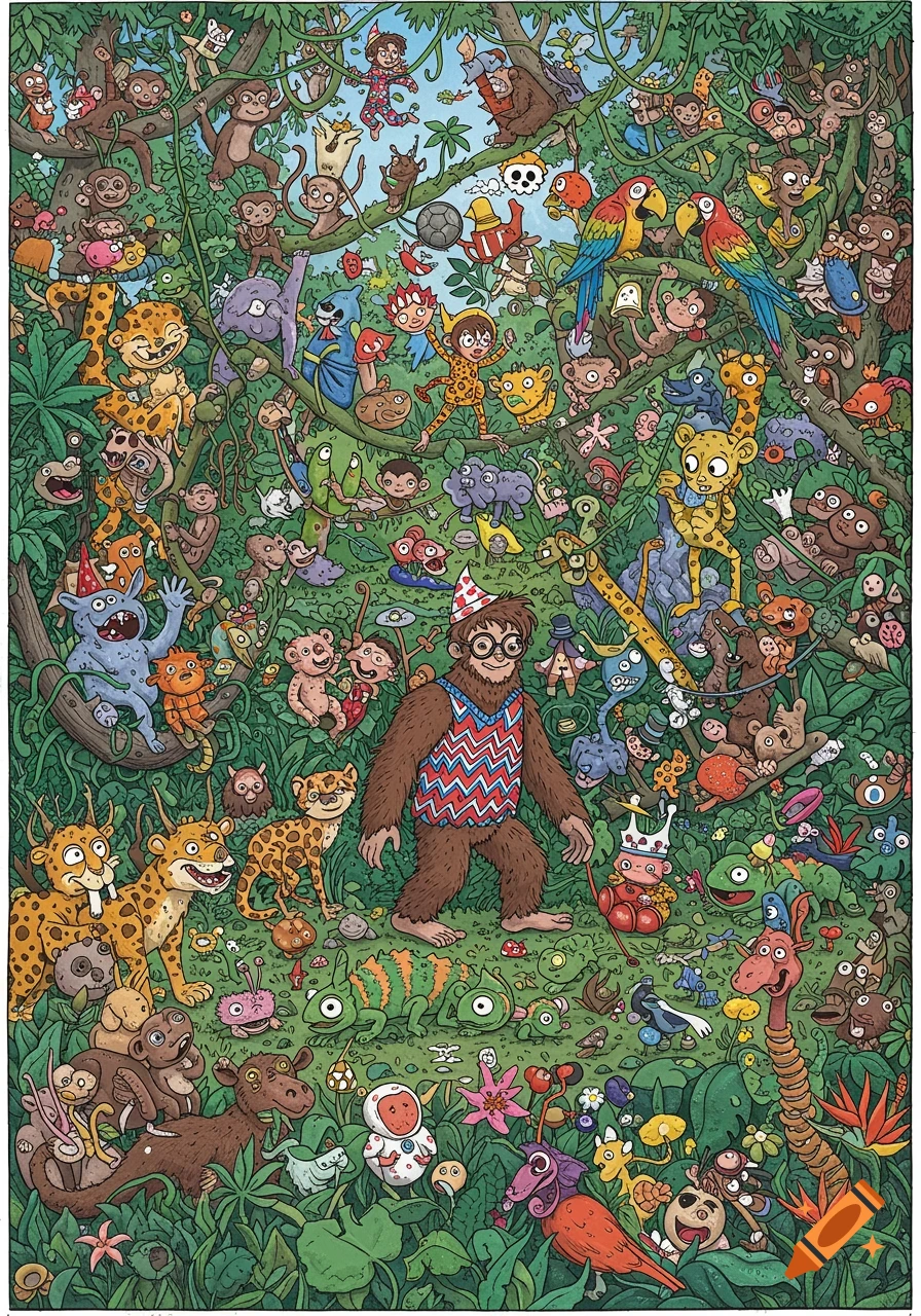 A detailed cartoon-style jungle scene teeming with many whimsical creatures and characters, including a Bigfoot wearing glasses and a striped shirt, hidden amongst them.