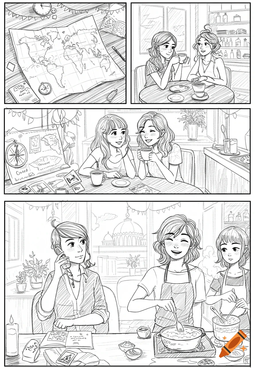 Black and white comic panels show friends planning travel, meeting at a cafe, and cooking together.
