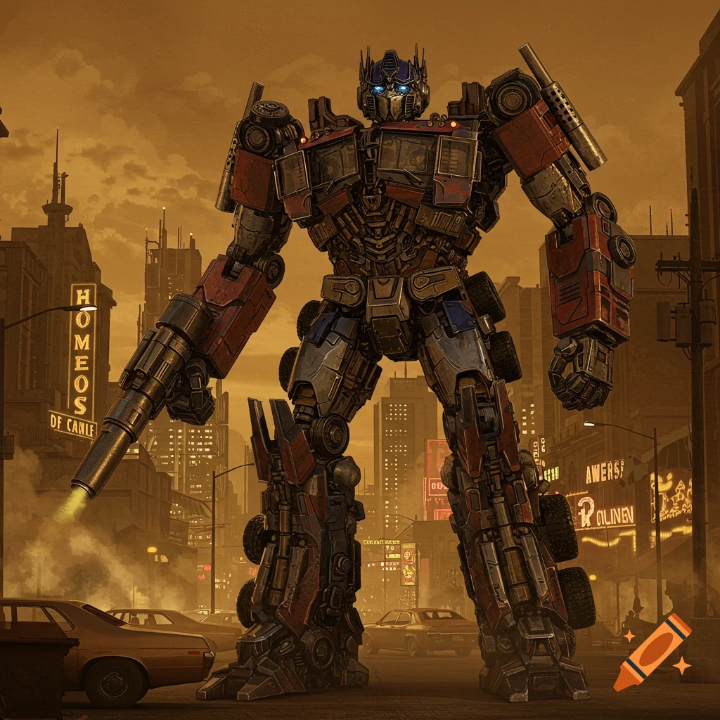 A giant Optimus Prime robot stands in a 1970s-style city street under an orange sky, with retro cars and neon signs.